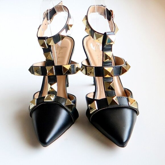 Nicole Miller Selty Black & Gold Pointy Toe Studded Heels / Pumps / Sandals 6.5 - Picture 5 of 16